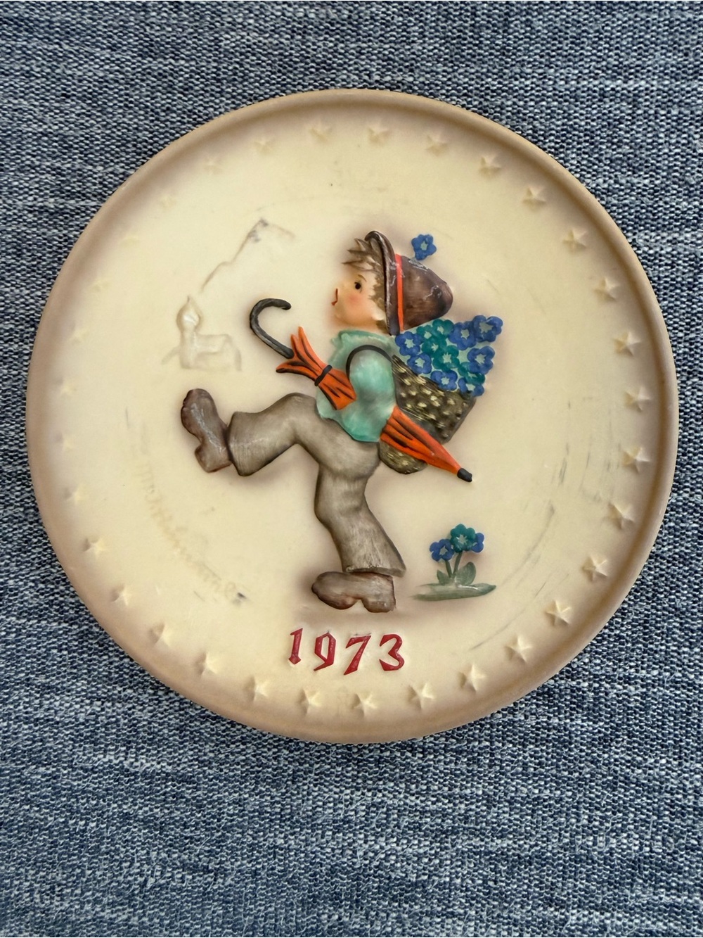 Vintage 1973 Hummel Wall Plaque with Boy and Blue Flowers - Cream and Blue